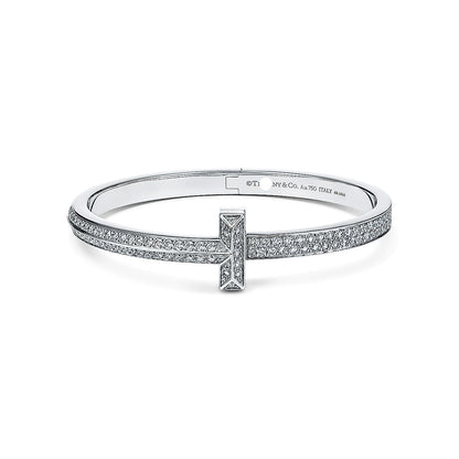 18K T1 Wide Diamond Hinged Bangle Bracelet
